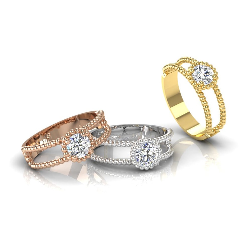 Solitaire  Classique  Diamant 2 anneaux perlés d'or