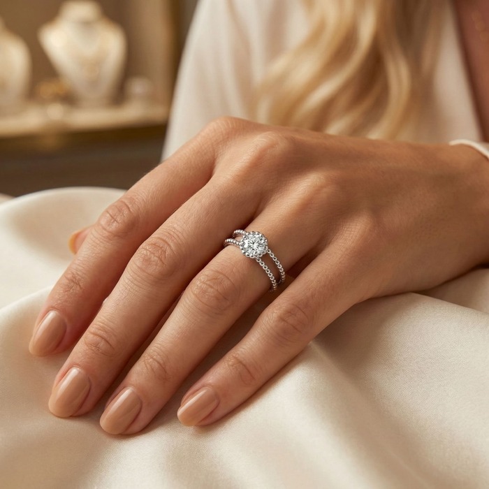 acheter Solitaire  Classique  Diamant Or Blanc 2 anneaux perlés d'or