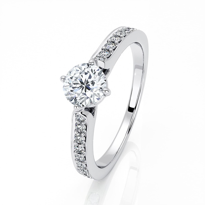 Solitaire  Classique avec pavage  Diamant Or Blanc 4 griffes en croix pavé