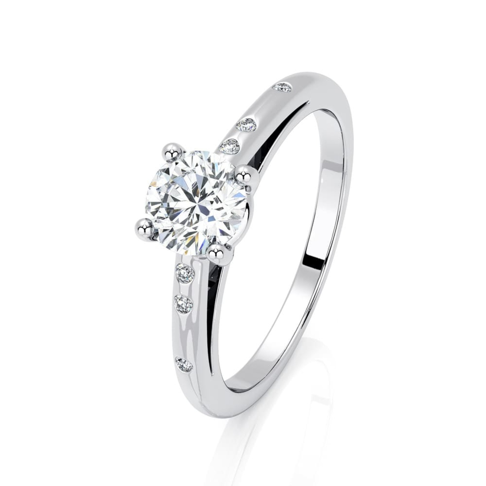 Solitaire  Classique avec pavage  Diamant Or Blanc 4 Griffes Feux Bi-LED