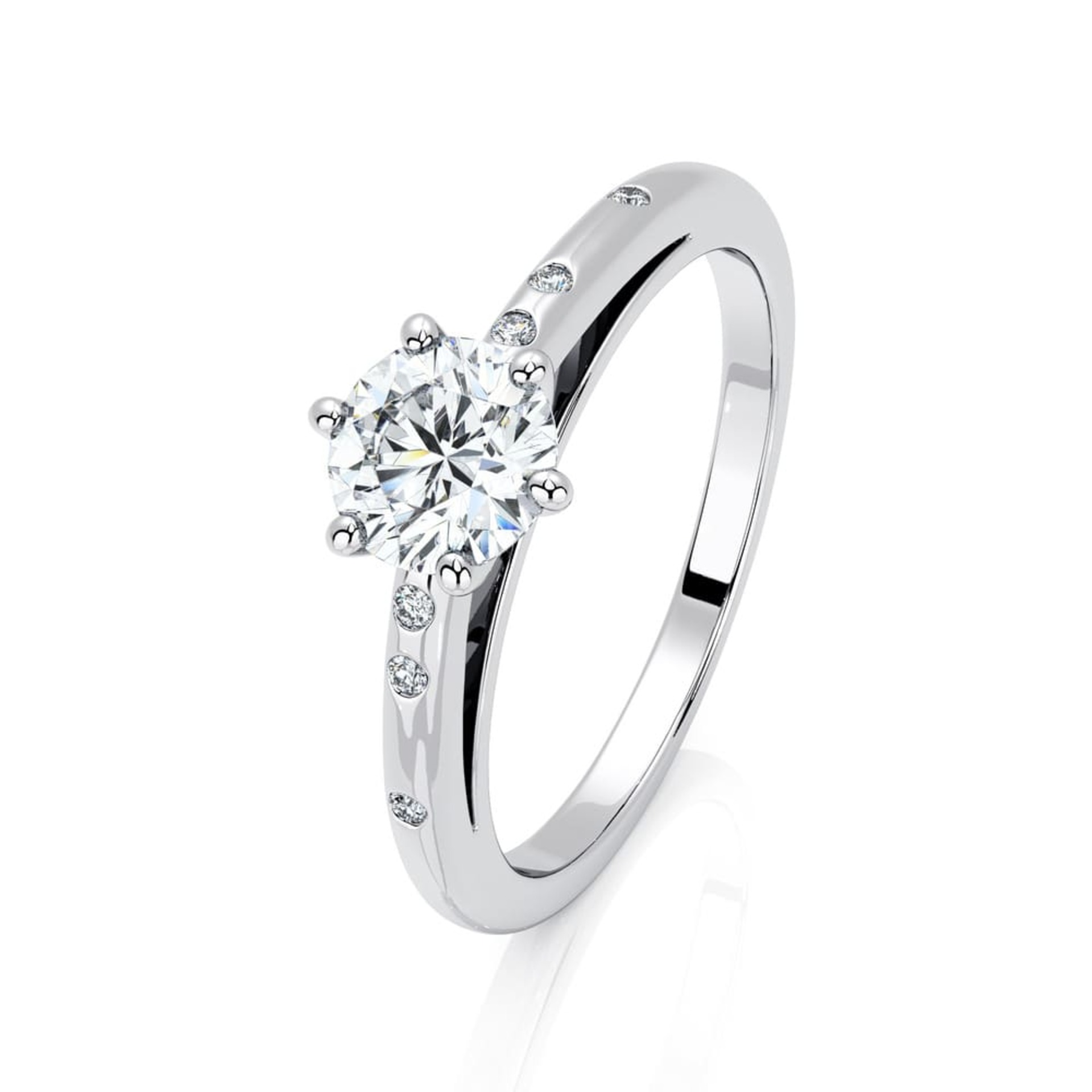 Solitaire  Classique avec pavage  Diamant Or Blanc 6 Griffes Feux Bi-LED